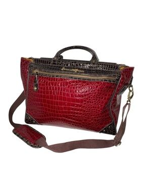 Samantha Brown Red Croc Embossed Satchel With Brown Trim
